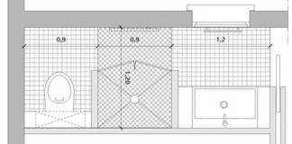 plan d'une salle de bains couloir avec douche et WC